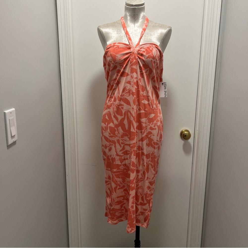 NEW Nine West XXL Coral Tropical Floral Sweetheart Halter Bodycon Dress